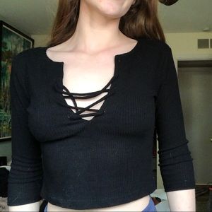 Black tie front 3/4 sleeve shirt